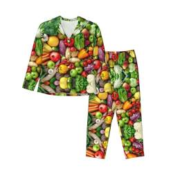 ELRoal Nachtwäsche Frisches Obst Und Gemüse Drucken Frauen Langarm Pyjama Set Für Ein Weiches Und Bequemes Schlaferlebnis, Schwarz , L von ELRoal