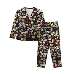 ELRoal Nachtwäsche Japanisches Sushi Schwarz Drucken Frauen Langarm Pyjama Set Für Ein Weiches Und Bequemes Schlaferlebnis, Schwarz , L von ELRoal