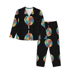 ELRoal Nachtwäsche Lollipop Printing Damen Langarm Pyjama Set für ein weiches und bequemes Schlaferlebnis, Schwarz , XL von ELRoal