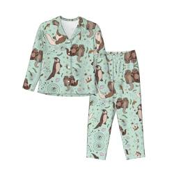 ELRoal Nachtwäsche Otters Printing Damen Langarm Pyjama Set für ein weiches und bequemes Schlaferlebnis, Schwarz , S von ELRoal