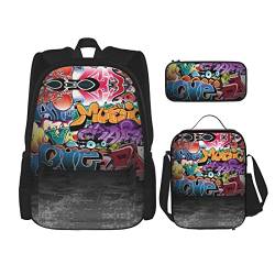 ELRoal Taschenrucksack, Graffiti, Hip-Hop-Druck, Crossbody-Lunch-Tasche, Federmäppchen-Set, multifunktional, tragbar, Lern- und Bürotasche, Schwarz , Einheitsgröße von ELRoal