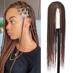 81,2 cm 360 volle Spitze geflochtene Perücke mit Babyhaar Schwarz Braun Box Braid Synthetische Lace Front Perücke Hitzebeständige geflochtene Faserperücke Geeignet für den täglichen Gebrauch von ELZEM