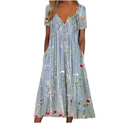 A Linie Kleid Damen Kurzarm Sommerkleid V Ausschnitt Boho Strandkleid Vintage Elegant Blumen Kleider mit Taschen Maxikleider Hohe Taille Cocktail Partykleid Teenager Mädchen Blusenkleid von EMATOP