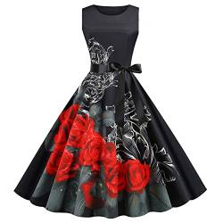 Cocktailkleid Damen 50er Jahre Rockabilly Kleid Vintage Ärmellos Abendkleid Retro Swing A Linie Faltenrock Knielang Sommerkleid Elegant Hohe Taille Ballkleid Blumen Druck Strandkleid von EMATOP