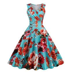 Damen 50er Jahre Kleider Vintage Rockabilly Cocktailkleid Sexy Ärmellos Ballkleid Elegant A-Line Kleid Blumendruck Sommerkleid Knielang V-Ausschnitt Abendkleid Hohe Taille Faltenrock von EMATOP