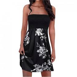 Damen Boho Kleid Bandeau Sommerkleid Elegant Kurz Freizeitkleid Trägerlos Ärmellos Strandkleid Cocktailkleid Farbverlauf Blumen Druck Minikleid Stretch Hohe Taille Faltenkleid,Schwarz,S von EMATOP