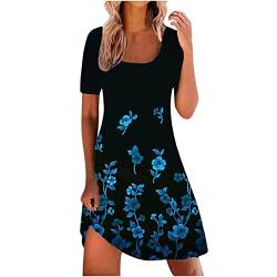 Damen Freizeit Kleider Kurzarm Elegant Sommerkleider Knielang Boho Strandkleider Casual Blumen Blusenkleid Retro A Linie Kleid Baumwolle Leicht Shirtkleider Kurz Tunika Minikleider von EMATOP