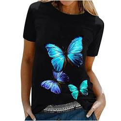 Damen Sommer T-Shirt Casual Rundhals Kurzarm Tee Tops Baumwolle Elegant Oberteile Bunte Schmetterling Bedruckt Tunika Sommershirt Locker Leicht Longshirt Weich Bequem Laufshirt Pullover von EMATOP