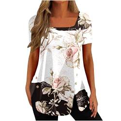 Damen Tunika Shirt Locker Elegant Oberteile Lässiges Baumwolle Kurzarm Longshirt Lose Plissiert Tshirts Vintage Leicht Bluse Tops Neuartiger Druck Sommershirt Sale online von EMATOP