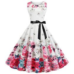 Damen Vintage Rundhalsausschnitt ärmellosen Blumen Bestickt knielangen Cocktailkleid Elegant Hohe Taille Abendkleid 1950er Retro Partykleid Swing A-Line Ballkleid Blumendruck Sommerkleid von EMATOP