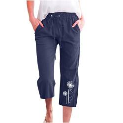 EMATOP Caprihose Damen High Waist Leinenhose 3/4 Lange Sporthose Leinen Baumwolle Hose Casual Baggy Stoffhose Leicht Atmungsaktiv Yogahose mit Taschen Freizeithose Löwenzahn Muster Sweathose von EMATOP