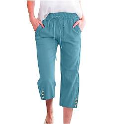 EMATOP Damen 3/4 Hose Casual Sport Caprihose Baumwolle Leinen Sommerhose Weites Bein Hosen Einfarbig Leicht Freizeithosen Taschen Knopf Sweathose Hohe Taille Sporthose Elegant Jogginghose von EMATOP