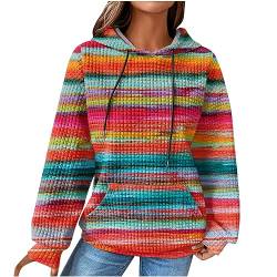 EMATOP Damen Baumwolle Hoodie Causal Langarm Kapuzenpullover Herbst Winter Warm Pullover Vintage Bunte Print Sweatshirt mit Kapuze Pulli Oberteile Mode Waffel Kapuzenpulli mit Taschen Outwear von EMATOP