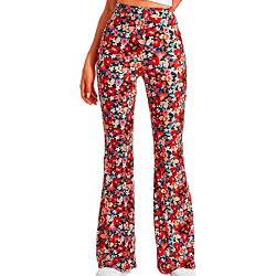 EMATOP Damen Boho Hose Strandhose Hippie Blumen Schlaghose Weites Bein Palazzo Sommerhose Elegant High Waist Bootcut Freizeithose Schön Blumen Druck Caprihose Elastische Taille Yogahose von EMATOP