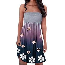 EMATOP Damen Boho Kleid Bandeau Sommerkleid Elegant Kurz Freizeitkleid Trägerlos Ärmellos Party Strandkleid Cocktailkleid Farbverlauf Blumen Druck Minikleid Stretch Hohe Taille Faltenkleid von EMATOP