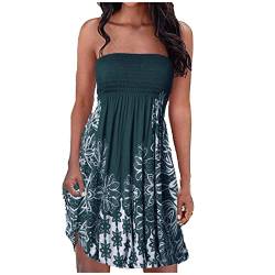 EMATOP Damen Boho Kleid Bandeau Sommerkleid Elegant Kurz Freizeitkleid Trägerlos Ärmellos Party Strandkleid Cocktailkleid Farbverlauf Blumen Druck Minikleid Stretch Hohe Taille Faltenkleid von EMATOP