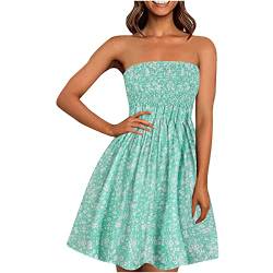 EMATOP Damen Boho Kleid Bandeau Sommerkleid Elegant Kurz Freizeitkleid Trägerlos Ärmellos Party Strandkleid Cocktailkleid Farbverlauf Blumen Druck Minikleid Stretch Hohe Taille Faltenkleid von EMATOP