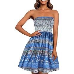 EMATOP Damen Boho Kleid Bandeau Sommerkleid Elegant Kurz Freizeitkleid Trägerlos Ärmellos Party Strandkleid Cocktailkleid Farbverlauf Blumen Druck Minikleid Stretch Hohe Taille Faltenkleid von EMATOP