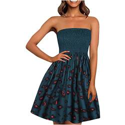 EMATOP Damen Boho Kleid Bandeau Sommerkleid Elegant Kurz Freizeitkleid Trägerlos Ärmellos Party Strandkleid Cocktailkleid Farbverlauf Blumen Druck Minikleid Stretch Hohe Taille Faltenkleid von EMATOP