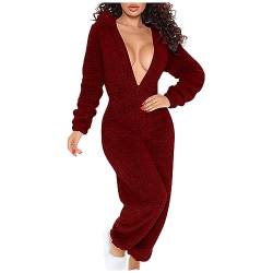 EMATOP Damen Jumpsuit Winter Warm Schlafanzug Teddy Fleece Overall Plüsch Kuschelig Einteiler Onesie Casual Einfarbig Ganzkörperanzug mit Kapuze Hausanzug Flauschig Sexy Pyjama Schlafoverall von EMATOP