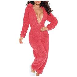 EMATOP Damen Jumpsuit Winter Warm Schlafanzug Teddy Fleece Overall Plüsch Kuschelig Einteiler Onesie Casual Einfarbig Ganzkörperanzug mit Kapuze Hausanzug Flauschig Sexy Pyjama Schlafoverall von EMATOP