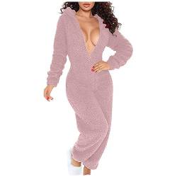 EMATOP Damen Jumpsuit Winter Warm Schlafanzug Teddy Fleece Overall Plüsch Kuschelig Einteiler Onesie Casual Einfarbig Ganzkörperanzug mit Kapuze Hausanzug Flauschig Sexy Pyjama Schlafoverall von EMATOP