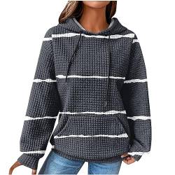 EMATOP Damen Langarm Kapuzenpullover Baumwolle Waffel Sweatshirt mit Kapuze Pulli Oberteil Shirts Streifen Pullover Herbst Winter Sport Hoodie Casual Lose Langarmshirt Kuschelig Kapuzenpulli von EMATOP