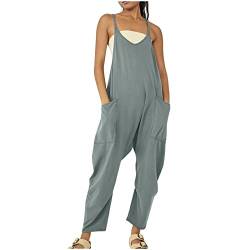 EMATOP Damen Latzhose Sommer Ärmellose Overalls Baumwolle Leinen Freizeithose Casual Einfarbig Jumpsuit Langes Weites Bein Hose mit Taschen Playsuit Loose Trägerhose Arbeitshose Oversize von EMATOP