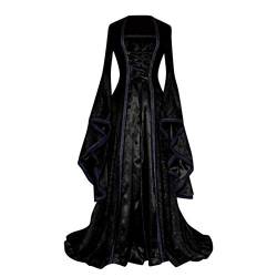 EMATOP Damen Mittelalterliche Kleid mit Trompetenärmel Gothic Kleider Retro Halloween Party Cosplay Kostüm Maxikleid Elegant Mittelalter Langarm Schnürung Ballkleid Einfarbig Halloween Kostüm von EMATOP