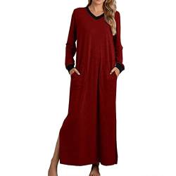 EMATOP Damen Nachthemd Langarm V-Ausschnitt Maxikleid Lässiges Einfarbig Schlafshirt Loose fit Lange Nachtkleid mit Taschen Nachtwäsche Kleider mit Schlitz Baumwolle Schlafkleid Nightdress von EMATOP