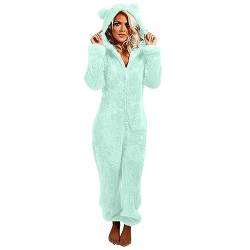 EMATOP Damen Overall Kuschelig Flauschig Einteiler Onesie Warm Plüsch Jumpsuit Teddy Fleece Schlafanzug Einfarbig Lange Pyjama Winter Weich Hausanzug mit Kapuze Reißverschluss Schlafoverall von EMATOP