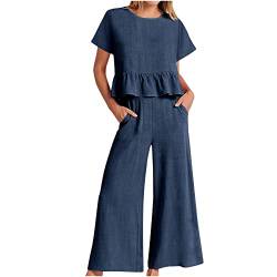 EMATOP Damen Sommer 2-Teiliges Rundhals Ärmellos Top Solid Wide Leg Hosen Set Lose Casual Hausanzug Zweiteiler Hosenanzug von EMATOP