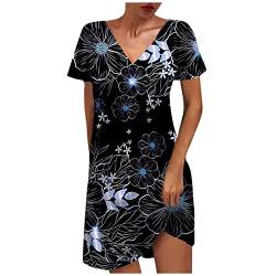 EMATOP Damen Sommer Tshirt Kleid Knielang Boho Strandkleid Sexy V-Ausschnitt Blusenkleid Locker Kurzarm Sommerkleid Vintage Blumen Druck Minikleid Lässiges Elegant Partykleid 2023 Freizeitkleid von EMATOP