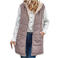 EMATOP Damen Steppweste Lang Ärmellose Weste Warmer Fleece Gefüttert Daunenweste Baumwolle Einfarbig Winterjacke mit Kapuze Taschen Jacke Herbst Winter Elegant Longweste Outdoor Daunenmantel von EMATOP