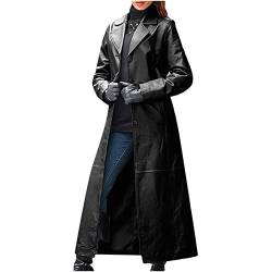 EMATOP Damen Trenchcoat Langer Ledermantel Langarm Mantel Weich Leder Klassisch Lang Einzeln Breasted Winterjacke Winddicht Kälteschutz Windbreaker Elegant Einfarbig Wintermantel Revers Outwear von EMATOP