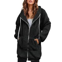 EMATOP Fleecejacke Damen Lange Baumwolle Sweatjacke Casual Langarm Pullover mit Kapuze Sweatshirt Jacke Warm Teddy Flauschjacke Lose Einfarbig Kapuzenjacke Herbst Winter Sport Plüschjacke von EMATOP