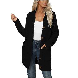 EMATOP Fleecejacke Damen Warm Langarm Strickjacke Casual Revers Strickpullover Elegant Leicht Cardigan Lang Einfarbig Jacke mit Taschen Knöpfe Strickmantel Kuschelig Wollemantel Herbst Winter von EMATOP