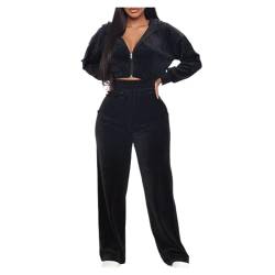 EMATOP Hausanzug Damen Casual Sport Tracksuit Einfarbig Zweiteiler Outfit Satin Langarm Jogginganzug 2-Teilige Sweatshirt Jacke mit Kapuze Freizeitanzug und Hose Trainingsanzug Workout Set von EMATOP