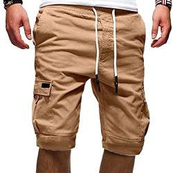 EMATOP Herren Baumwolle Cargo Shorts Sommer Kurze Hosen Vintage Einfarbig Freizeithose mit Taschen Chino Hose Elastische Taille Cargohose Regulär Fit Locker Laufshorts Sporthose für Männer von EMATOP