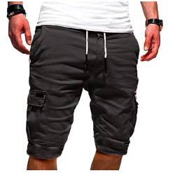 EMATOP Herren Cargo Shorts Baumwolle Kurze Hose Einfarbig Cargohose Bermuda Short mit 6 Taschen Sommerhose Elastischer Bund Sporthose Regulär Fit Freizeithose Laufshorts Männer, 04-dunkelgrau, L von EMATOP