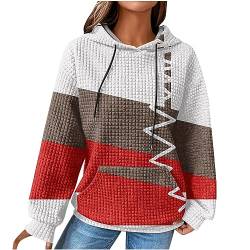 EMATOP Hoodie Damen Baumwolle Langarm Kapuzenpullover Sport Waffel Sweatshirt mit Kapuze Pullover Vintage Farbblock Pulli Oberteile Herbst Winter Warm Kapuzenpulli Langarmshirt Streetwear von EMATOP