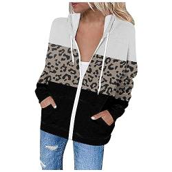 EMATOP Hoodie Damen Langarm Sport Sweatjacke mit Kapuze College Jacke Lässig Lose übergangsjacke Elegant Baumwolle Kapuzenjacke Farbblock Leoparden Muster Sportjacke Herbst Winter Streetwear von EMATOP