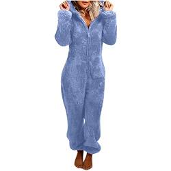 EMATOP Jumpsuit Damen Kuschelig Einteiler Onesie Teddy Fleece Overall Lang Flauschig Schlafanzug Casual Einfarbig Ganzkörperanzug Warm Hausanzug mit Kapuze Schlafoverall Angebot des Tages von EMATOP