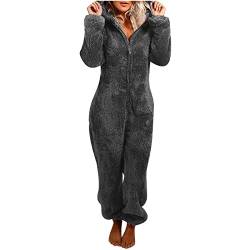 EMATOP Jumpsuit Damen Kuschelig Einteiler Onesie Teddy Fleece Overall Lang Flauschig Schlafanzug Casual Einfarbig Ganzkörperanzug Warm Hausanzug mit Kapuze Schlafoverall befristetes Angebot Heute von EMATOP