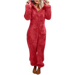 EMATOP Jumpsuit Damen Teddy Fleece Overall Einteiler Onesie Kuschelig Lang Flauschig Schlafanzug Casual Einfarbig Ganzkörperanzug Warm Hausanzug mit Kapuze Schlafoverall Black Friday von EMATOP