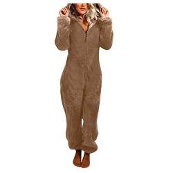 EMATOP Jumpsuit Damen Winter Warm Overall Teddy Fleece Einteiler Onesie Schlafanzug Kuschelig Lang Pyjama Flauschig Weich Hausanzug Einfarbig Schlafoverall mit Kapuze Reißverschluss Homewear von EMATOP