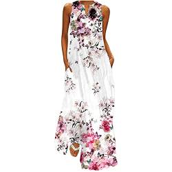 EMATOP Kleider Damen Boho Sommerkleid Sexy ärmellos Maxikleider Elegant V-Ausschnitt Strandkleid Lang Locker Freizeitkleider Bunte Blumen Druck Shirtkleid Vintage Mode Blumenkleid für Frauen von EMATOP