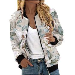 EMATOP Kurzjacke Damen Langarm Casual Sportjacke Leichte Kurz College Jacke Elegant Stehkragen Bomberjacke Schön Blumen Druck Pilotenjacke mit Taschen Fliegerjacke Teenager Mädchen Outwear von EMATOP