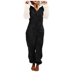 EMATOP Kuschel Jumpsuit Damen Warm Flauschig Schlafanzug Teddy Fleece Einteiler Overalls Winter Lang Pyjama mit Kapuze Reißverschluss Schlafoverall Kuschelig Weich Onesie Plüsch Hausanzug von EMATOP