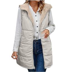 EMATOP Lang Weste Damen Warmer Daunenweste Ärmellos Casual Mantel Jacke mit Kapuze Steppweste Fleece Gefüttert Longweste Baumwolle Einfarbig Winterjacke mit Taschen Steppjacke für Herbst Winter von EMATOP